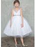 V Neck Beaded Tulle Flower Girl Dress